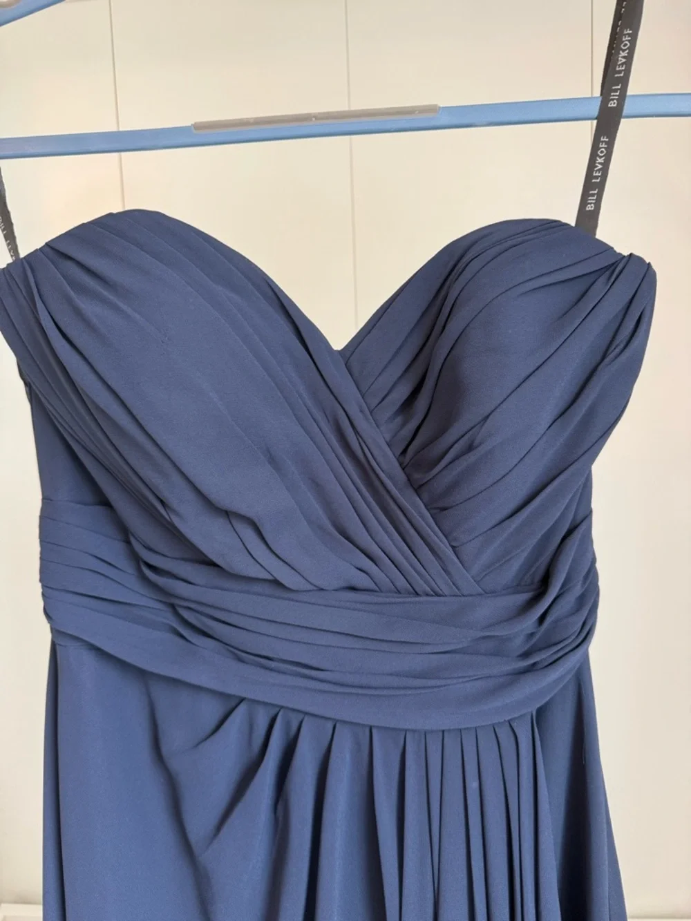 Bill Levkoff Rouched Navy Chiffon Bridesmaid Dress Strapless Maxi Formal Sz 8 - Picture 3 of 15